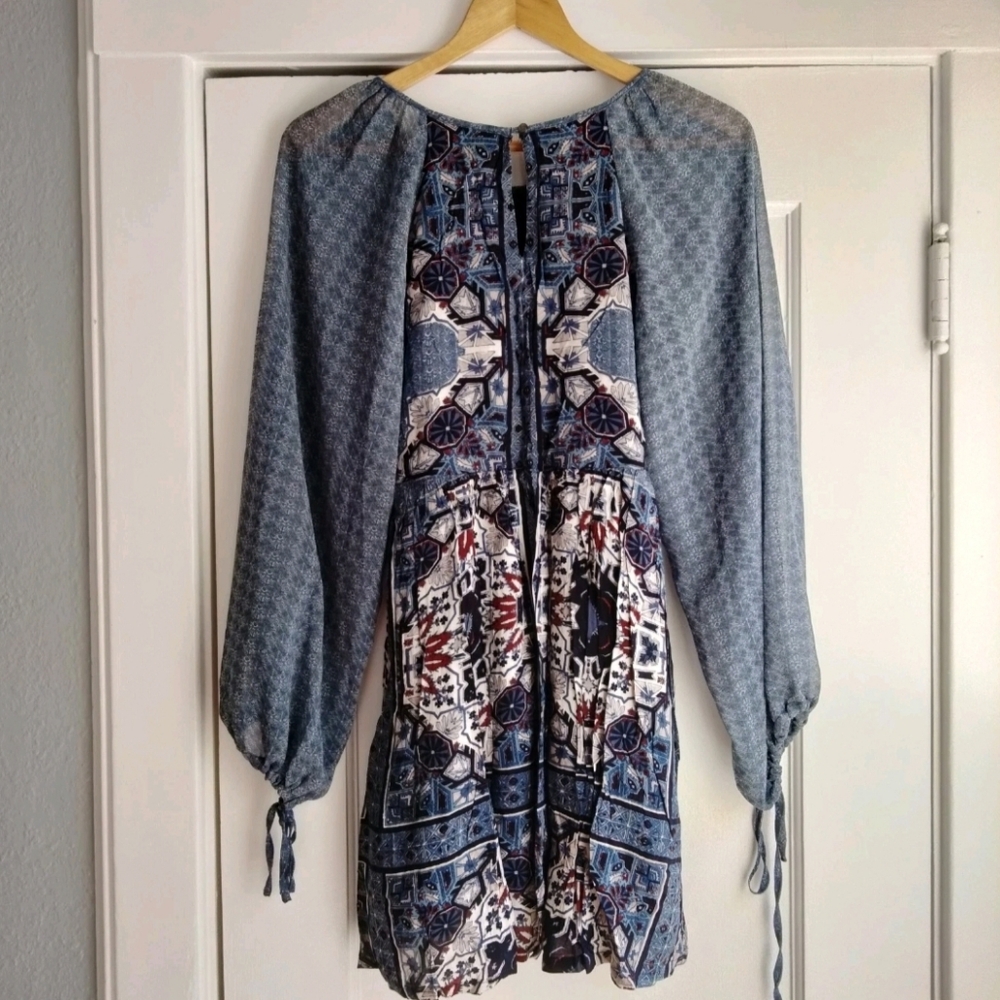 Free People NWT Marine Blue OKSANA Long Sleeve Mini Dress Size 6 Boho Peasant - Picture 3 of 15